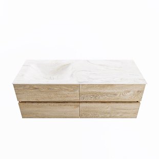 MONDIAZ VICA-DLUX 130cm badmeubel onderkast Washed Oak 4 lades. Inbouw wastafel CLOUD links zonder kraangat, kleur Ostra.