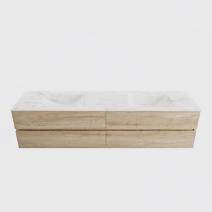 MONDIAZ VICA-DLUX 200cm badmeubel onderkast Washed Oak 4 lades. Inbouw wastafel CLOUD dubbel 2 kraangaten, kleur Ostra.