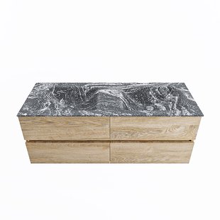 MONDIAZ VICA-DLUX 130cm badmeubel onderkast Washed Oak 4 lades. Inbouw wastafel CLOUD dubbel 2 kraangaten, kleur Lava.