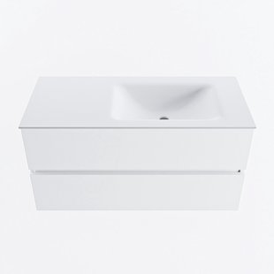 MONDIAZ VICA 100cm badmeubel onderkast Talc 2 lades. Wastafel CLOUD rechts zonder kraangat, kleur Talc.