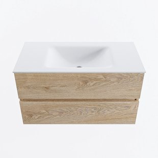 MONDIAZ VICA 90cm badmeubel onderkast Washed Oak 2 lades. Wastafel CLOUD midden zonder kraangat, kleur Talc.