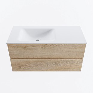 MONDIAZ VICA 100cm badmeubel onderkast Washed Oak 2 lades. Wastafel CLOUD links 1 kraangat, kleur Talc.