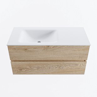 MONDIAZ VICA 100cm badmeubel onderkast Washed Oak 2 lades. Wastafel CLOUD links zonder kraangat, kleur Talc.