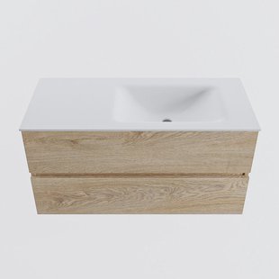 MONDIAZ VICA 100cm badmeubel onderkast Washed Oak 2 lades. Wastafel CLOUD rechts zonder kraangat, kleur Talc.