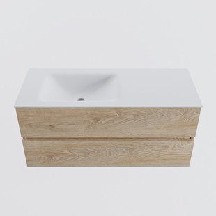 MONDIAZ VICA 110cm badmeubel onderkast Washed Oak 2 lades. Wastafel CLOUD links zonder kraangat, kleur Talc.