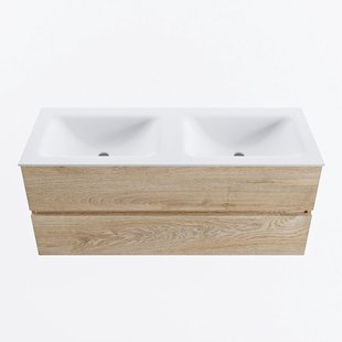 MONDIAZ VICA 120cm badmeubel onderkast Washed Oak 2 lades. Wastafel CLOUD dubbel 2 kraangaten, kleur Talc.