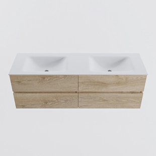 MONDIAZ VICA 150cm badmeubel onderkast Washed Oak 4 lades. Wastafel CLOUD dubbel zonder kraangat, kleur Talc.