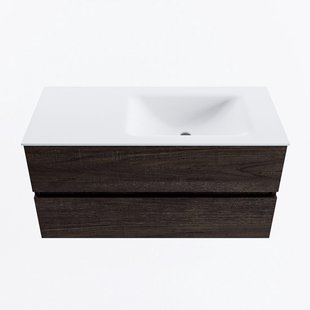 MONDIAZ VICA 100cm badmeubel onderkast Dark Brown 2 lades. Wastafel CLOUD rechts 1 kraangat, kleur Talc.