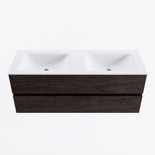 MONDIAZ VICA 130cm badmeubel onderkast Dark Brown 2 lades. Wastafel CLOUD dubbel zonder kraangat, kleur Talc.