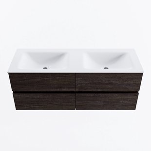 MONDIAZ VICA 130cm badmeubel onderkast Dark Brown 4 lades. Wastafel CLOUD dubbel zonder kraangat, kleur Talc.