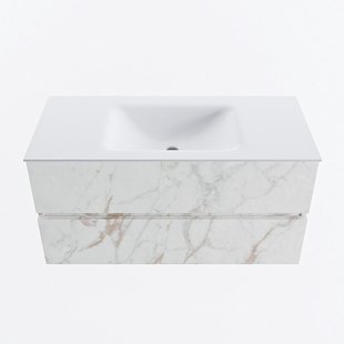 MONDIAZ VICA 100cm badmeubel onderkast Carrara 2 lades. Wastafel CLOUD midden zonder kraangat, kleur Talc.