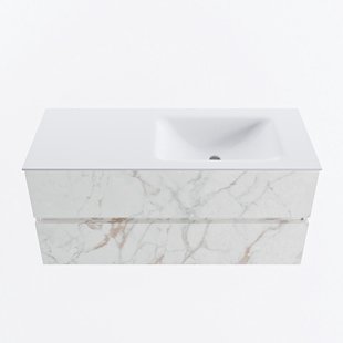 MONDIAZ VICA 110cm badmeubel onderkast Carrara 2 lades. Wastafel CLOUD rechts 1 kraangat, kleur Talc.