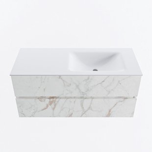 MONDIAZ VICA 110cm badmeubel onderkast Carrara 2 lades. Wastafel CLOUD rechts zonder kraangat, kleur Talc.