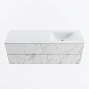 MONDIAZ VICA 140cm badmeubel onderkast Carrara 2 lades. Wastafel CLOUD rechts 1 kraangat, kleur Talc.