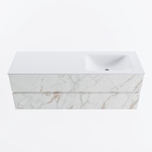 MONDIAZ VICA 140cm badmeubel onderkast Carrara 2 lades. Wastafel CLOUD rechts zonder kraangat, kleur Talc.