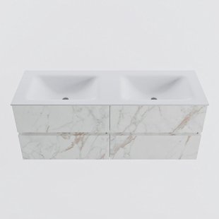 MONDIAZ VICA 130cm badmeubel onderkast Carrara 4 lades. Wastafel CLOUD dubbel zonder kraangat, kleur Talc.