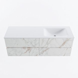 MONDIAZ VICA 140cm badmeubel onderkast Carrara 4 lades. Wastafel CLOUD rechts zonder kraangat, kleur Talc.