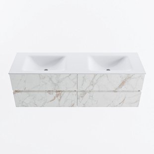 MONDIAZ VICA 150cm badmeubel onderkast Carrara 4 lades. Wastafel CLOUD dubbel zonder kraangat, kleur Talc.