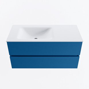 MONDIAZ VICA 100cm badmeubel onderkast Jeans 2 lades. Wastafel CLOUD links 1 kraangat, kleur Talc.