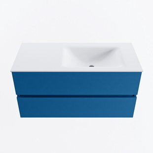 MONDIAZ VICA 100cm badmeubel onderkast Jeans 2 lades. Wastafel CLOUD rechts 1 kraangat, kleur Talc.