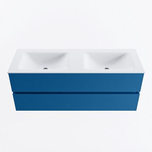 MONDIAZ VICA 130cm badmeubel onderkast Jeans 2 lades. Wastafel CLOUD dubbel zonder kraangat, kleur Talc.