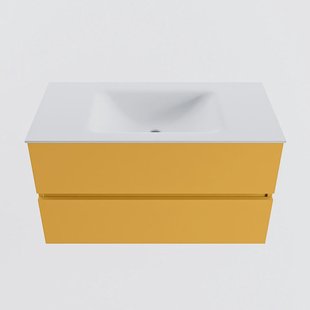 MONDIAZ VICA 90cm badmeubel onderkast Ocher 2 lades. Wastafel CLOUD midden 1 kraangat, kleur Talc.