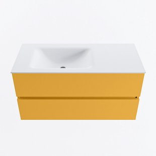 MONDIAZ VICA 100cm badmeubel onderkast Ocher 2 lades. Wastafel CLOUD links zonder kraangat, kleur Talc.