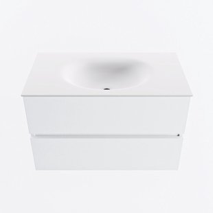 MONDIAZ VICA 80cm badmeubel onderkast Talc 2 lades. Wastafel MOON midden zonder kraangat, kleur Talc.
