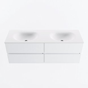 MONDIAZ VICA 140cm badmeubel onderkast Talc 4 lades. Wastafel MOON dubbel zonder kraangat, kleur Talc.