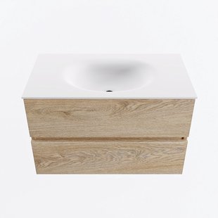 MONDIAZ VICA 80cm badmeubel onderkast Washed Oak 2 lades. Wastafel MOON midden zonder kraangat, kleur Talc.
