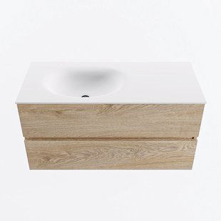 MONDIAZ VICA 100cm badmeubel onderkast Washed Oak 2 lades. Wastafel MOON links 1 kraangat, kleur Talc.