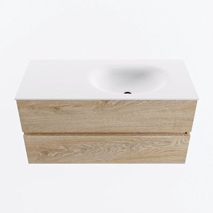 MONDIAZ VICA 100cm badmeubel onderkast Washed Oak 2 lades. Wastafel MOON rechts 1 kraangat, kleur Talc.