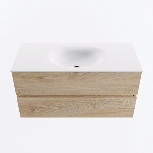 MONDIAZ VICA 100cm badmeubel onderkast Washed Oak 2 lades. Wastafel MOON midden zonder kraangat, kleur Talc. MONDIAZ VICA 100cm badmeubel onderkast Washed Oak 2 lades. Wastafel MOON midden zonder kraangat, kleur Talc.