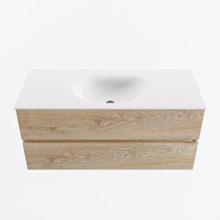 MONDIAZ VICA 110cm badmeubel onderkast Washed Oak 2 lades. Wastafel MOON midden zonder kraangat, kleur Talc.