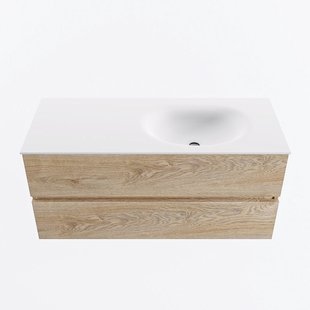 MONDIAZ VICA 110cm badmeubel onderkast Washed Oak 2 lades. Wastafel MOON rechts zonder kraangat, kleur Talc.