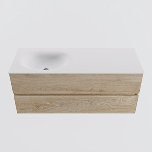 MONDIAZ VICA 120cm badmeubel onderkast Washed Oak 2 lades. Wastafel MOON links 1 kraangat, kleur Talc.