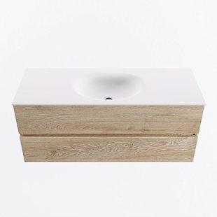 MONDIAZ VICA 120cm badmeubel onderkast Washed Oak 2 lades. Wastafel MOON midden zonder kraangat, kleur Talc.