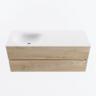 MONDIAZ VICA 120cm badmeubel onderkast Washed Oak 2 lades. Wastafel MOON links zonder kraangat, kleur Talc.