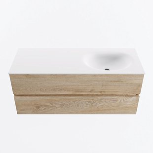 MONDIAZ VICA 120cm badmeubel onderkast Washed Oak 2 lades. Wastafel MOON rechts zonder kraangat, kleur Talc.