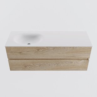 MONDIAZ VICA 130cm badmeubel onderkast Washed Oak 2 lades. Wastafel MOON links zonder kraangat, kleur Talc.