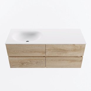 MONDIAZ VICA 120cm badmeubel onderkast Washed Oak 4 lades. Wastafel MOON links zonder kraangat, kleur Talc.