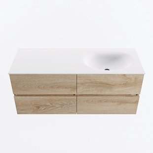 MONDIAZ VICA 120cm badmeubel onderkast Washed Oak 4 lades. Wastafel MOON rechts zonder kraangat, kleur Talc.