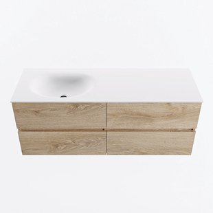 MONDIAZ VICA 130cm badmeubel onderkast Washed Oak 4 lades. Wastafel MOON links zonder kraangat, kleur Talc.