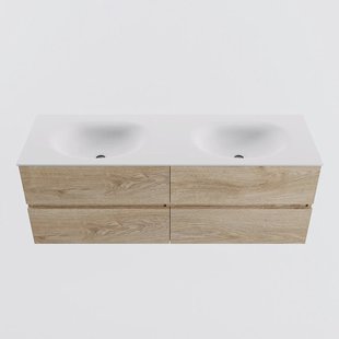 MONDIAZ VICA 140cm badmeubel onderkast Washed Oak 4 lades. Wastafel MOON dubbel zonder kraangat, kleur Talc.