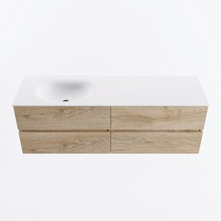 MONDIAZ VICA 150cm badmeubel onderkast Washed Oak 4 lades. Wastafel MOON links zonder kraangat, kleur Talc.