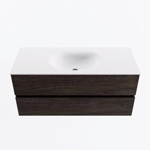 MONDIAZ VICA 110cm badmeubel onderkast Dark Brown 2 lades. Wastafel MOON midden zonder kraangat, kleur Talc.
