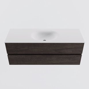 MONDIAZ VICA 130cm badmeubel onderkast Dark Brown 2 lades. Wastafel MOON midden zonder kraangat, kleur Talc.