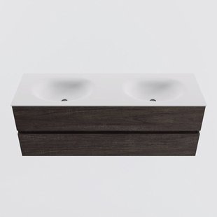 MONDIAZ VICA 140cm badmeubel onderkast Dark Brown 2 lades. Wastafel MOON dubbel zonder kraangat, kleur Talc.
