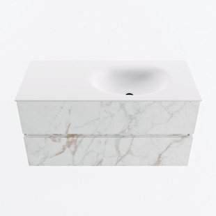 MONDIAZ VICA 100cm badmeubel onderkast Carrara 2 lades. Wastafel MOON rechts 1 kraangat, kleur Talc.