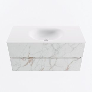 MONDIAZ VICA 100cm badmeubel onderkast Carrara 2 lades. Wastafel MOON midden zonder kraangat, kleur Talc.